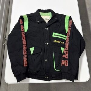 Vintage FreeStyle Snowmobile Jacket Black Neon Green Red Embroidered Mens L